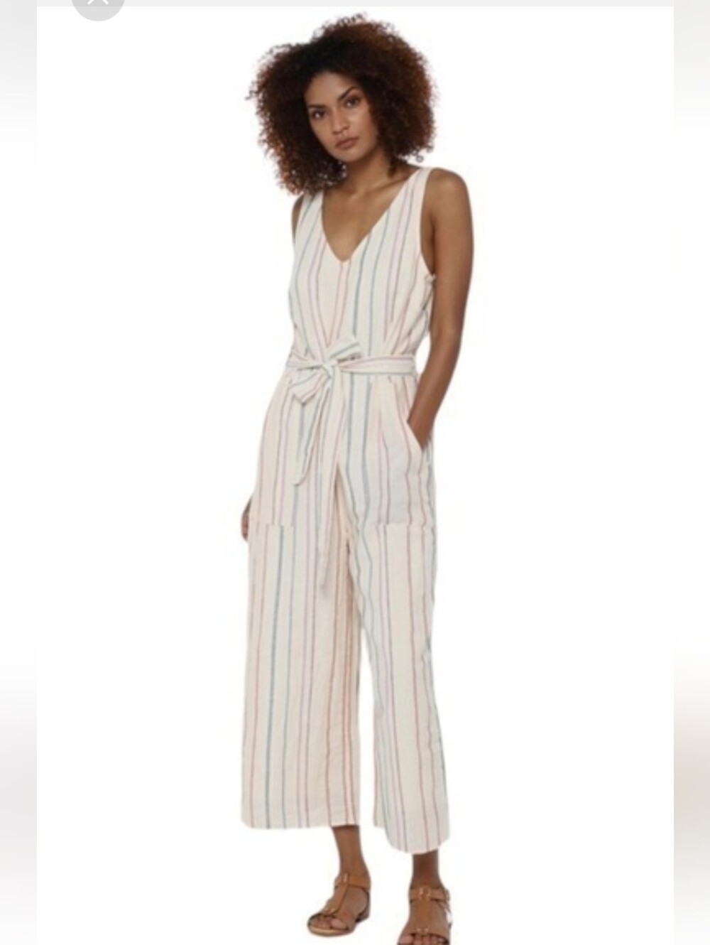 American Eagle Striped Linen-Blend V-Neck Jumpsuit